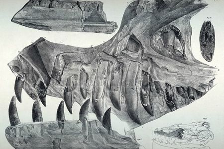 The upper and lower jaws of Duriavenator, illustrated when they were thought to belong to Megalosaurus, in A History of British Fossil Reptiles Vol. II.