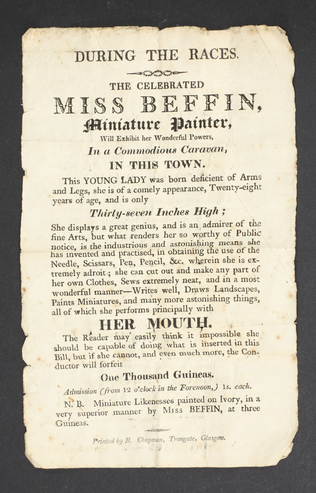 A handbill that advertises Miss Biffin, Miniature Painter