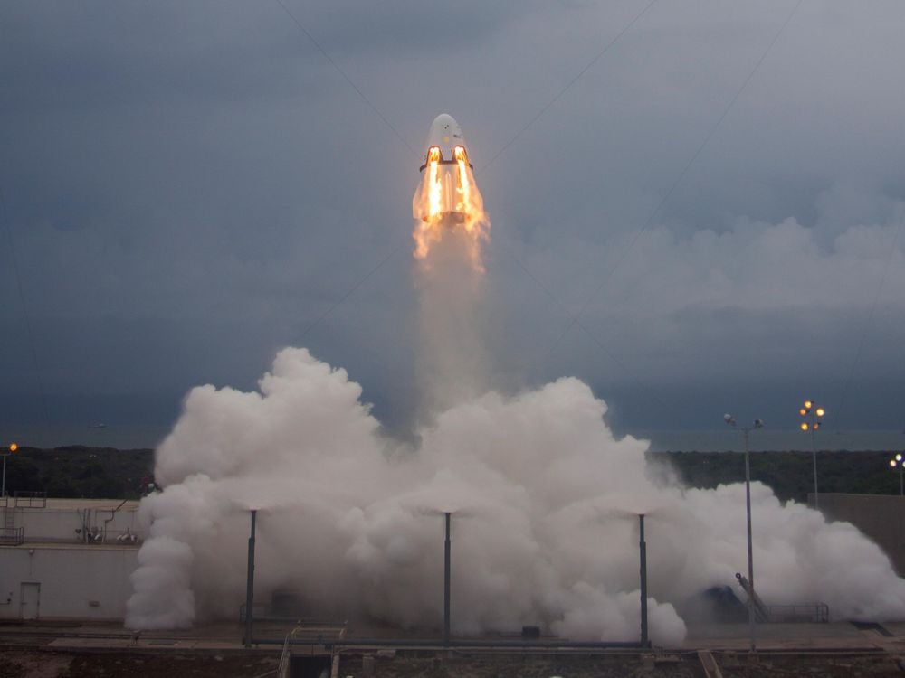 A prototype of the SpaceX Crew Dragon capsule successfully completed a pad abort test in 2015. Its high-thrust engines can push the spacecraft and crew to safety.