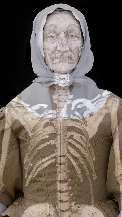 A forensic reconstruction of Anne Wolseley Calvert overlaid on skeletal remains excavated in St. Mary's City