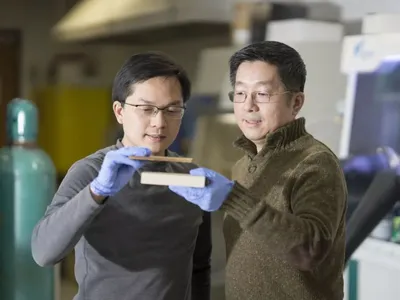 Material scientist Liangbing Hu (left) holds wood stronger than titanium and tougher than steel after a two-step process. Mechanical engineer Teng Li (right) holds an untreated block of the same wood.
