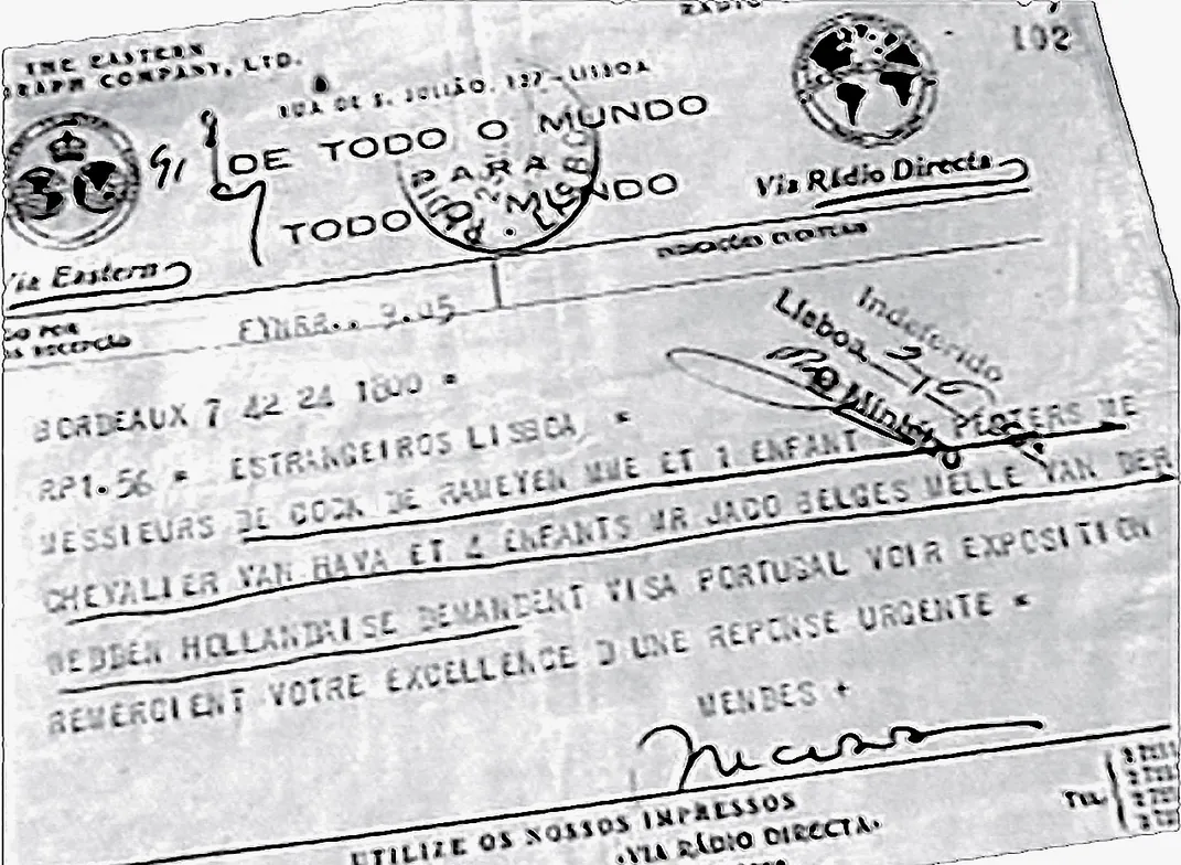 A telegram sent by Sousa Mendes