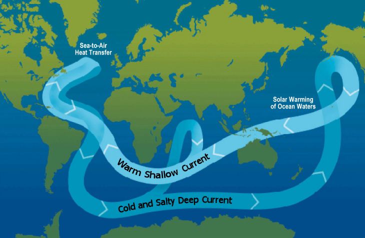 A schematic of modern thermohaline circulation.