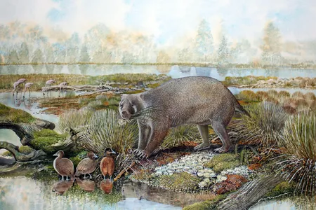 A painting that imagines what a living Mukupirna nambensis and its surrounding environment would have looked like some 25 million years ago near Lake Pinpa, Australia.
