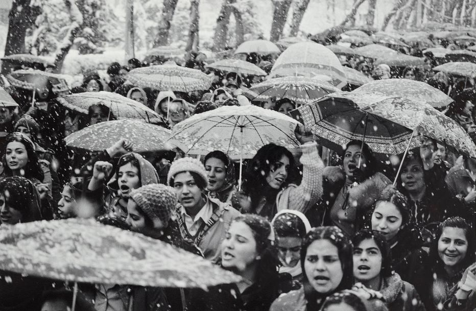 Protestors under umbrellas in the snow