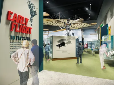 Otto Lilienthal’s glider dominates this artist’s rendering of the Early Flight gallery, as Lilienthal did 19th century aeronautics. His data from 2,000 flights became a starting point for the Wrights. 

