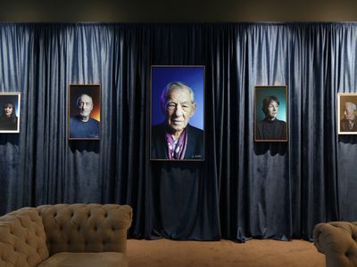A portrait of Ian McKellen (center) hanging alongside depictions of (from left to right) Frances Barber, Charles Dance, Harriet Walter and Simon Callow