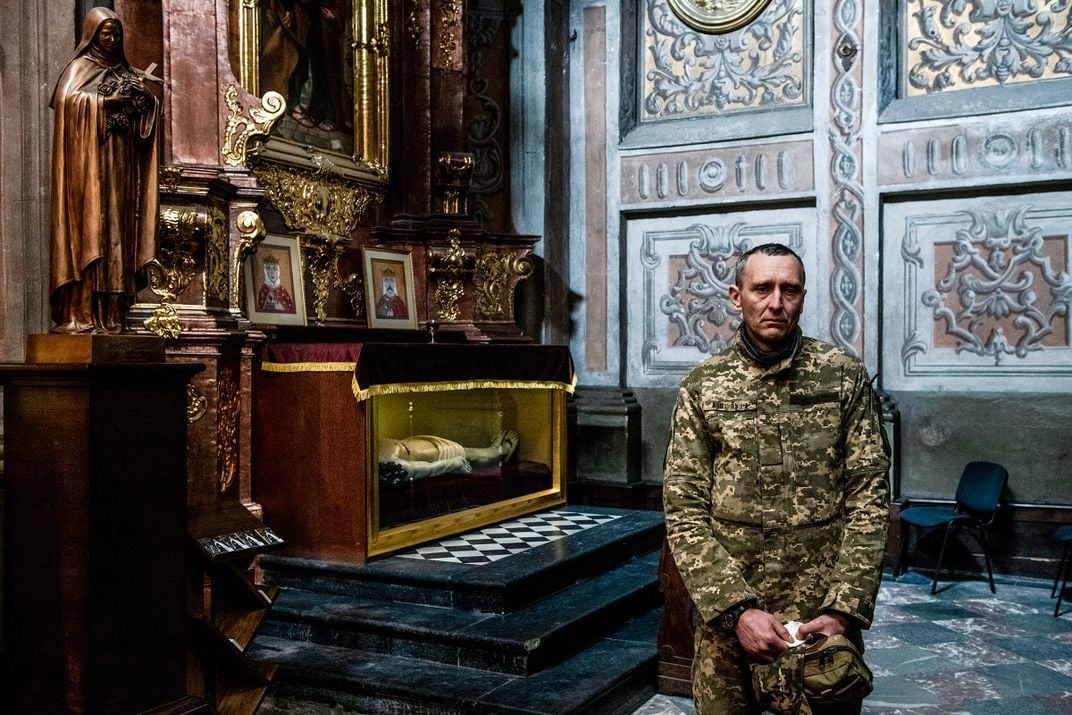 A soldier inside the church
