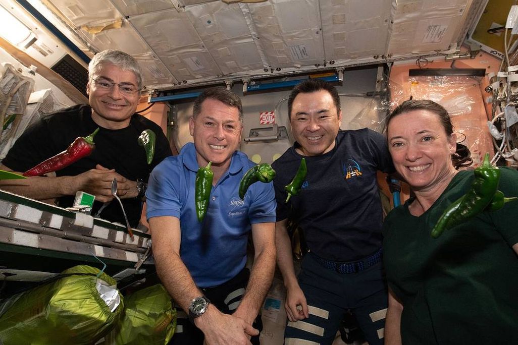 Four astronauts pose on the International Space Station. In front of them are four floating chile peppers.