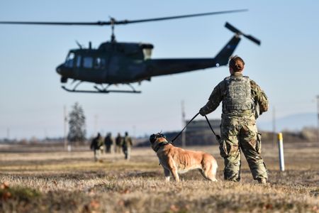 U.S. Air Force Senior Airman Bethany Ray and her dog Lili prepare for UH-1N Huey training.