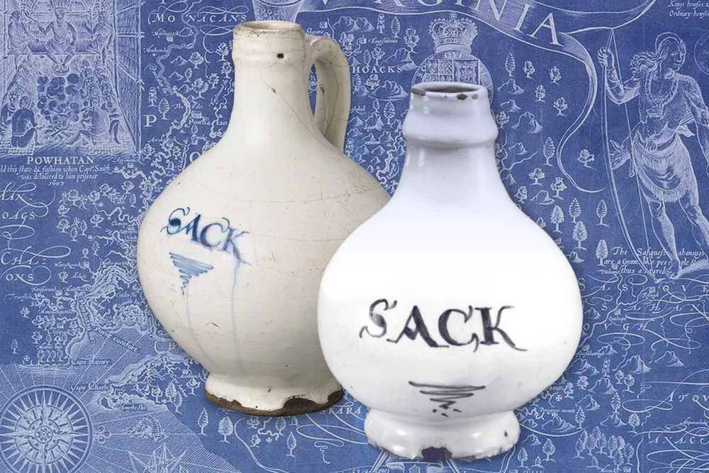 Illustration of bottles of sack wine in front of a map of colonial Virginia
