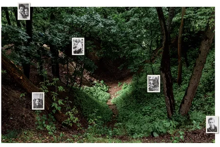 Babyn Yar, outside Kyiv, where 33,771 Jews were killed over two days in September 1941. The small portraits show unidentified Ukrainians, likely Jews, before the war.