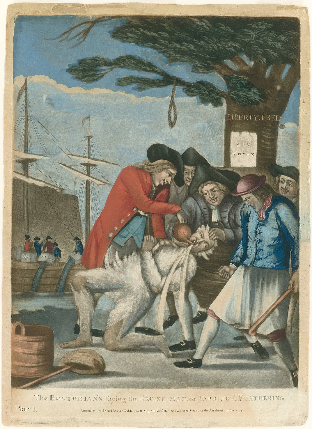 A depiction of the tarring and feathering of a commissioner of customs by five Patriots