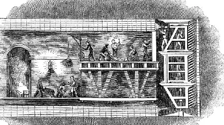 Laborers working at the face of the Thames Tunnel were protected by Marc Brunel's newly-invented "Shield"; behind them, other gangs hurried to roof the tunnel before the river could burst in. Nineteenth century lithograph.