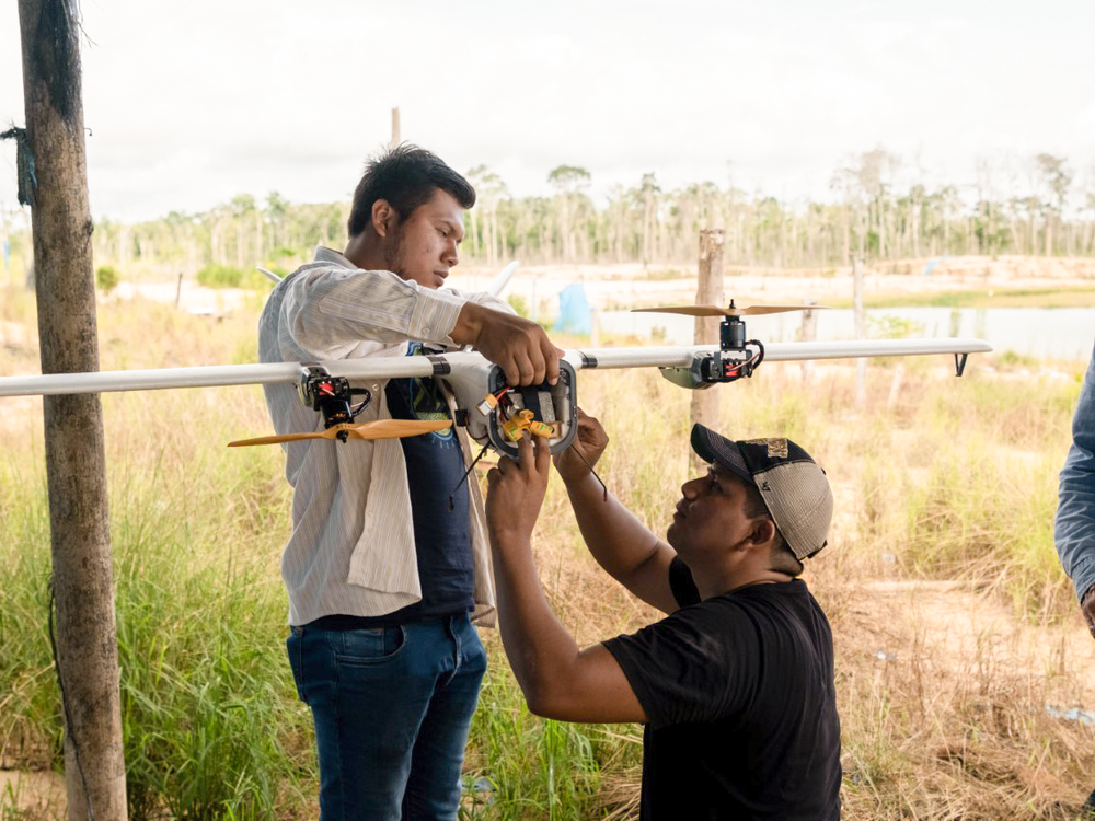 In the Peruvian Amazon, drones like this one are being used to monitor and prevent future destruction of the rainforest from artisanal gold mining. Photo by Guy Loftus for Conservation X Labs.