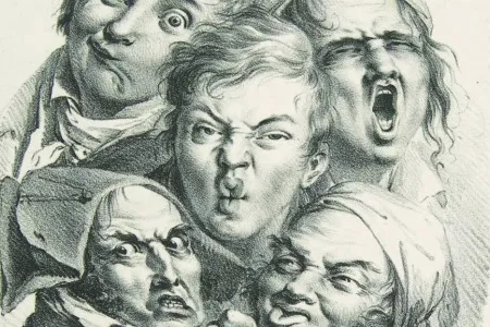 While grotesque, the faces in Louis-Leopold Boilly’s The Grimaces (1823) were carefully studied from life. The figure with a twisted mouth at the upper left is a self-portrait.