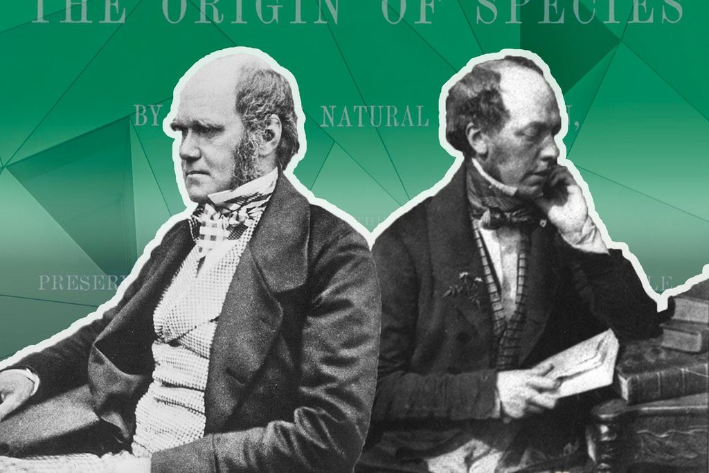 Darwin and John Murray, facing opposite directions, with The Origin of Species title in background