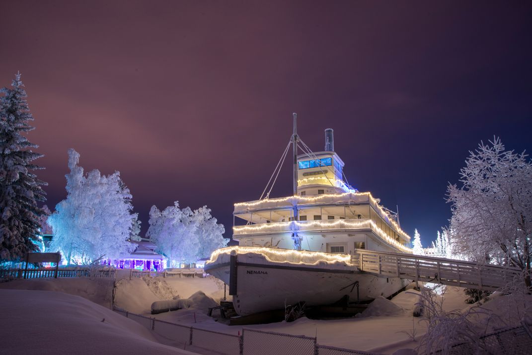 Historic sternwheeler in wintery Pioneer Square, Fairbanks. Credit: Sherman Hogue/Explore Fairbanks