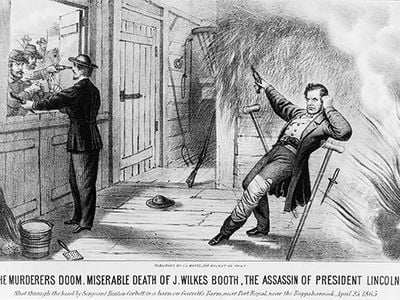 On April 27, 1865—12 days after he shot Lincoln at Ford's Theater in Washington, D.C.—Booth was shot in a Virginia barn. He died from his wound that day.