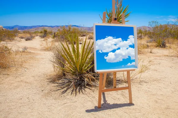 Clouds Among the Brush of Joshua Trees Reflected In a Canvas Mirror thumbnail
