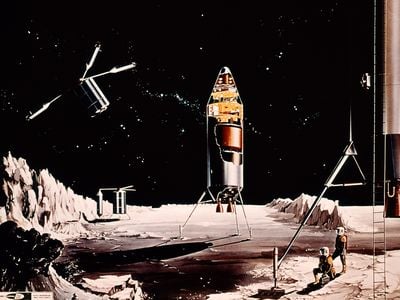 1960s science fiction illustration of lunar exploration. 