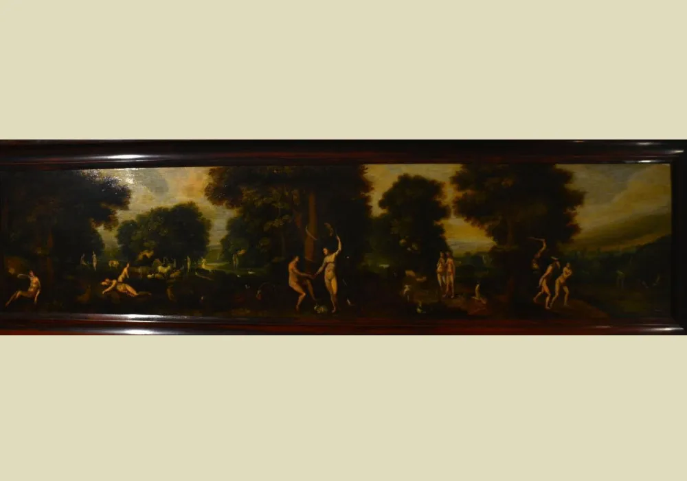 Long, dark painting of Adam and Eve