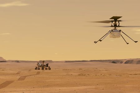 Ingenuity undertakes its first test flight on Mars in this illustration.