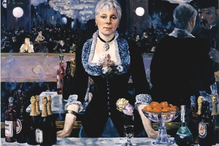 Kathleen Gilje, Linda Nochlin in Manet’s Bar at the Folies-Bergère, 2006, oil on linen, 37 x 51 inches.