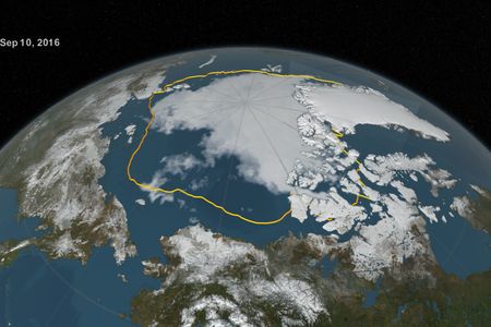The 2016 Arctic sea ice summertime minimum, reached on Sept. 10, is 911,000 square miles below the 1981-2010 average minimum sea ice extent, shown here as a gold line (NASA Goddard's Scientific Visualization Studio/C. Starr).
