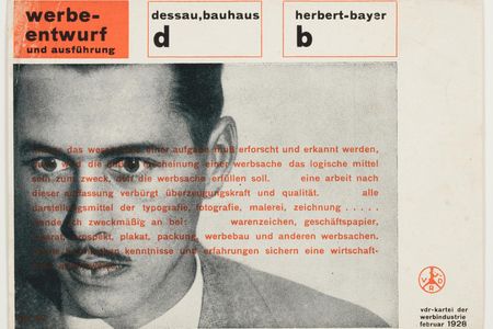 Herbert Bayer, (above in a 1928 card by the designer) became one of the most influential graphic designers of his time. 
