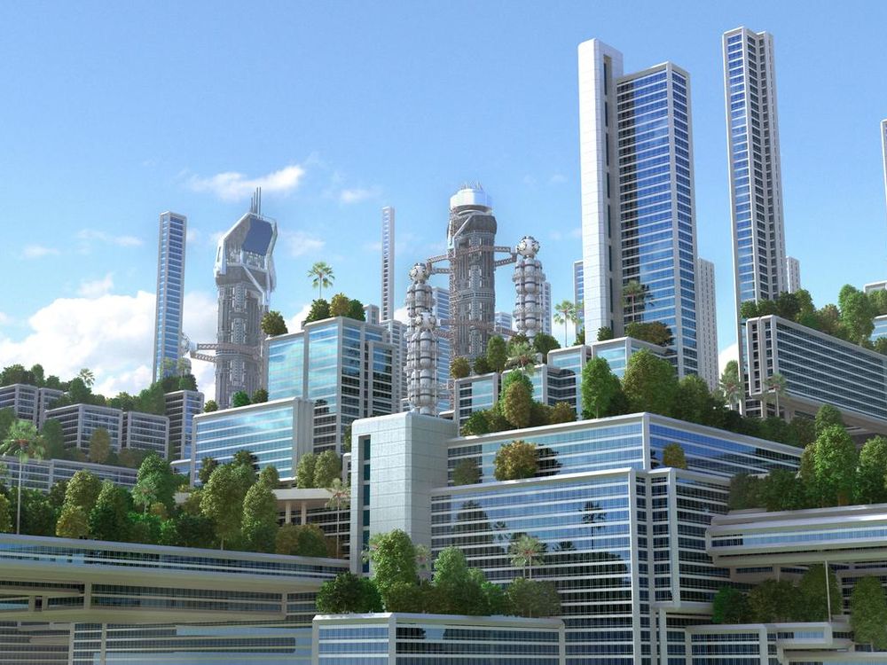 3D futuristic green city.