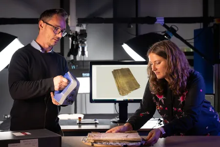 Błażej Mikuła (left) and Am&eacute;lie Deblauwe (right), of the Cambridge University Library, 3D scan the manuscript
