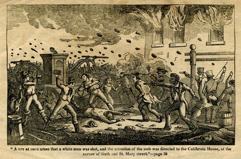 Illustration of a violent scene. Stones fly through the air, combatants pint guns at each other, and a distraught man and a woman stand beside a fire engine as a fire consume a building in the background.