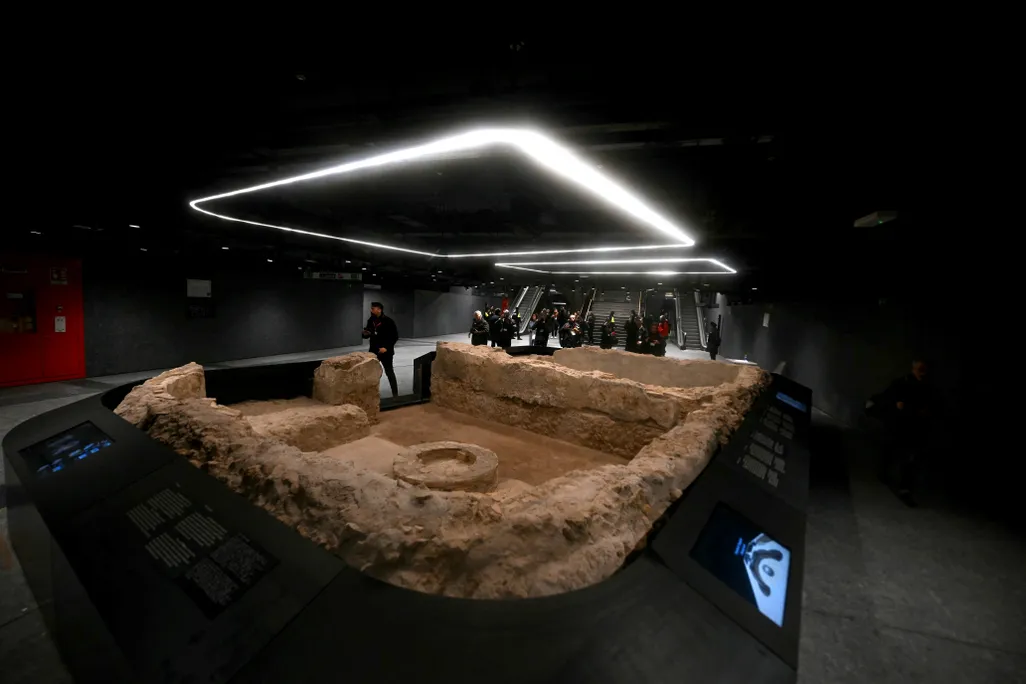 Ancient ruins displayed at Colosseo-Fori Imperiali, a new subway station near the Colosseum in Rome