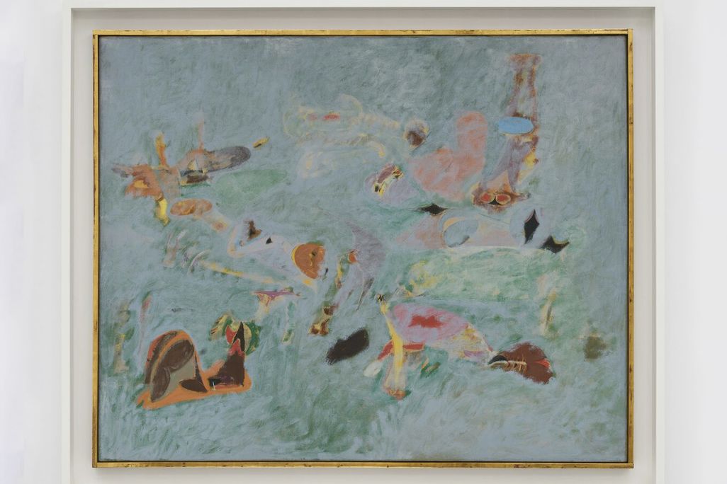 A sea of light blue filled with biomorphic pink, red, green and yellow shapes