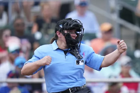 Umpire Jen Pawol during a spring training game between the Philadelphia Phillies and the Miami Marlins on March 16, 2024