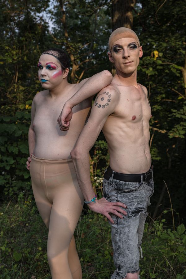 Drag queens Mary Jane and Aradia LaFay pose near an abandoned plastics factory in Appalachia thumbnail