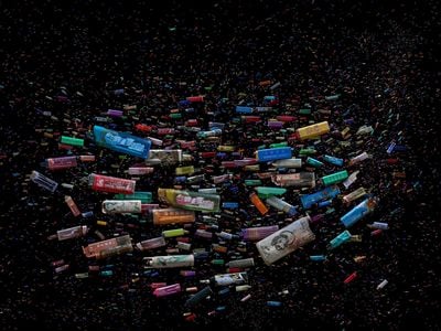 Single-use cigarette lighters, collected by Mandy Barker, represent our transition to a consumerist, throw-away society.