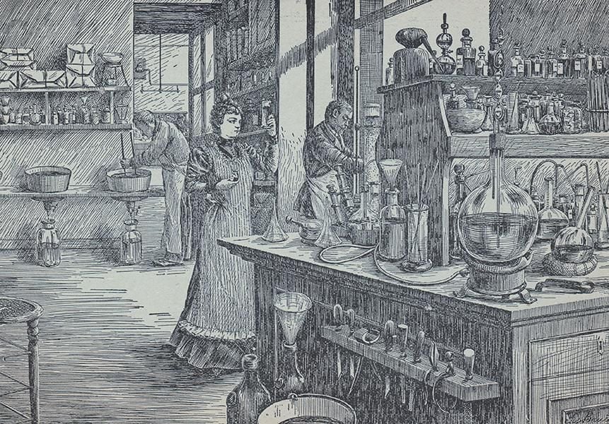 A sketch of Madam Yale in her laboratory. 