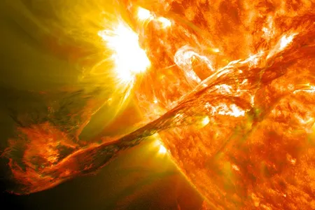 A solar flare erupts from the Sun in 2012. 
