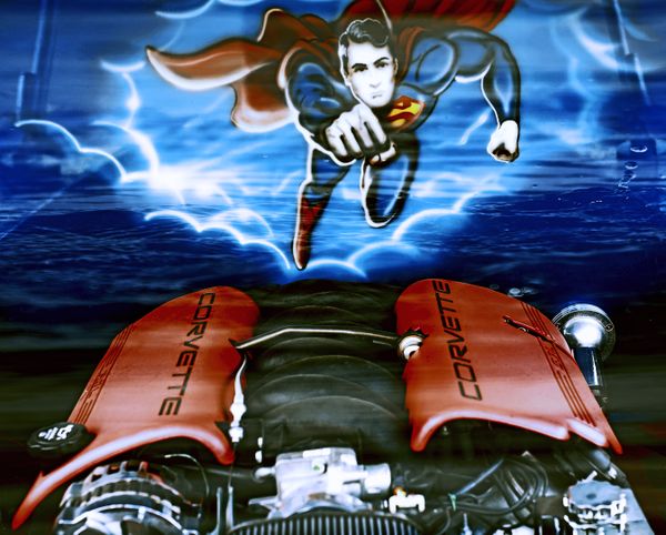 American Icon  A Force to be reckoned with Superman vs Chevy small block V-8 thumbnail