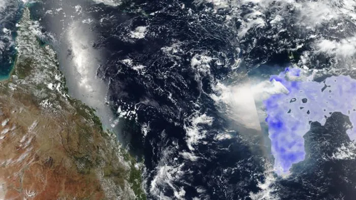 A satellite image with a blue cloud on the right