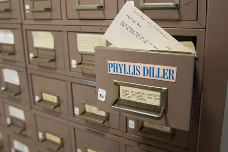 Diller's gag lines were typed and meticulously filed into 48 drawers of a large, beige Steelmaster cabinet on wheels.