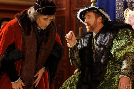 Mark Rylance (left) and Damian Lewis (right) as Thomas Cromwell and Henry VIII in "Wolf Hall: The Mirror and the Light"