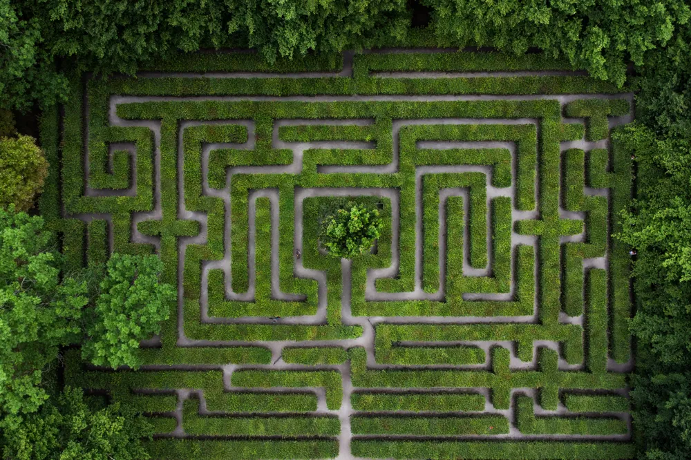 The photo depicts a magical and charming labyrinth hidden in one of the urban parks in Wrocław. This green retreat captivates not only with its symmetry and geometric layout but also with its atmosphere of mystery and tranquility.