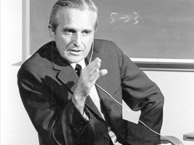 Douglas Engelbart rehearsing for his 1968 computer demo.