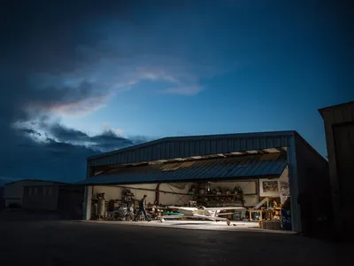 Elliot Seguin makes a late-night visit to his hangar at the Mojave Air and Space Port, where he worked on the Twin Engine Research Project, an experimental jet he and Justin Gillen built from an old Rutan Quickie Q1.