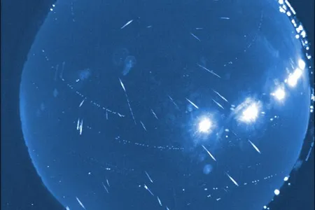 This false-color composite image shows meteors streaking through the skies over NASA's Marshall Space Flight Center in Huntsville, Ala., on the night of Jan. 3-4, 2012.