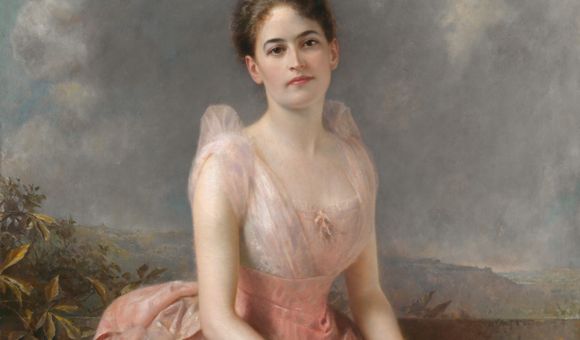 Painted portrait of Juliette Gordon Low seated with her hands resting in her lap.
