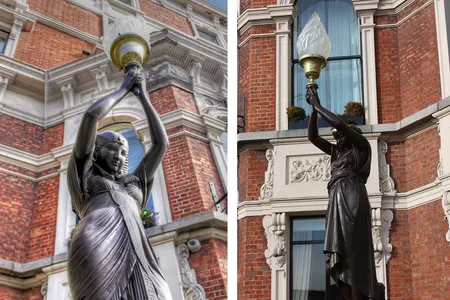 The statues have stood outside of the Shelbourne Hotel since 1867.
